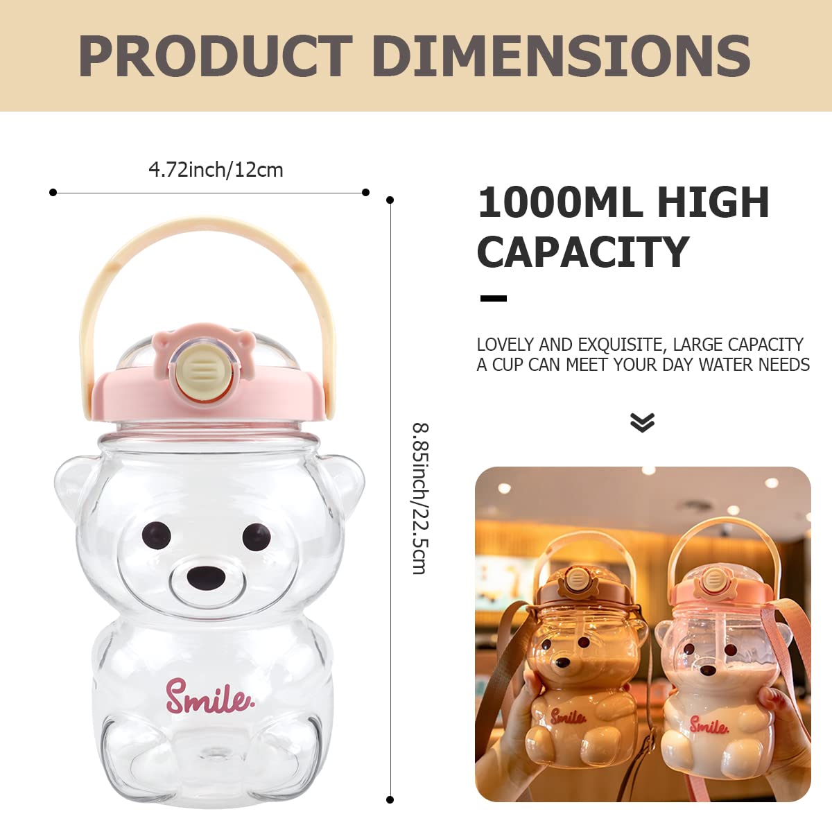 Cute Bear Water Bottle with Straw & Strap - 35oz for Sports, Travel & Camping