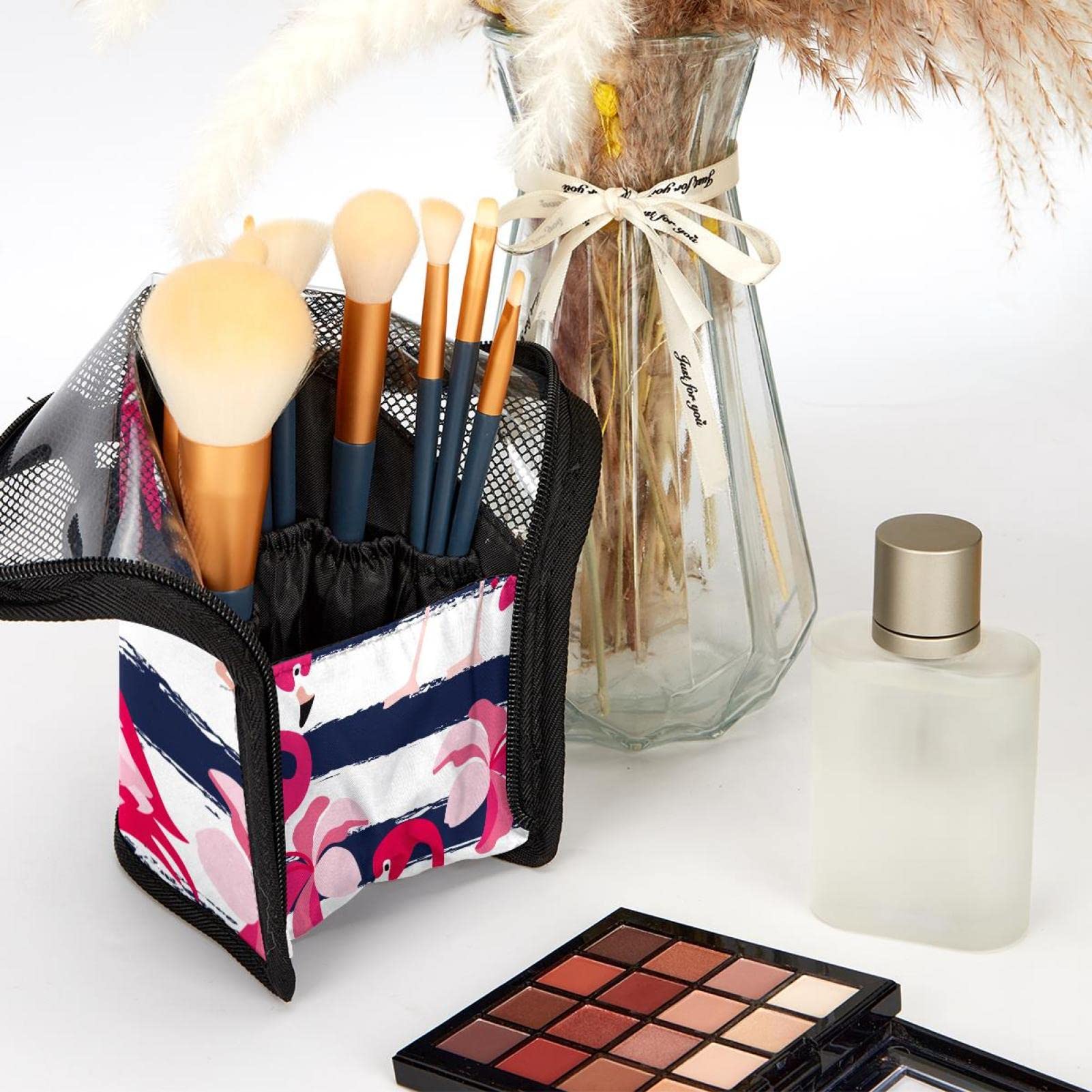 12-Piece Flamingo Stripes Pink Flowers Makeup Brush Organizer Bag - Portable Makeup Brush Holder Case for Travel & Home Storage | Perfect for Makeup Artists & Beauty Enthusiasts
