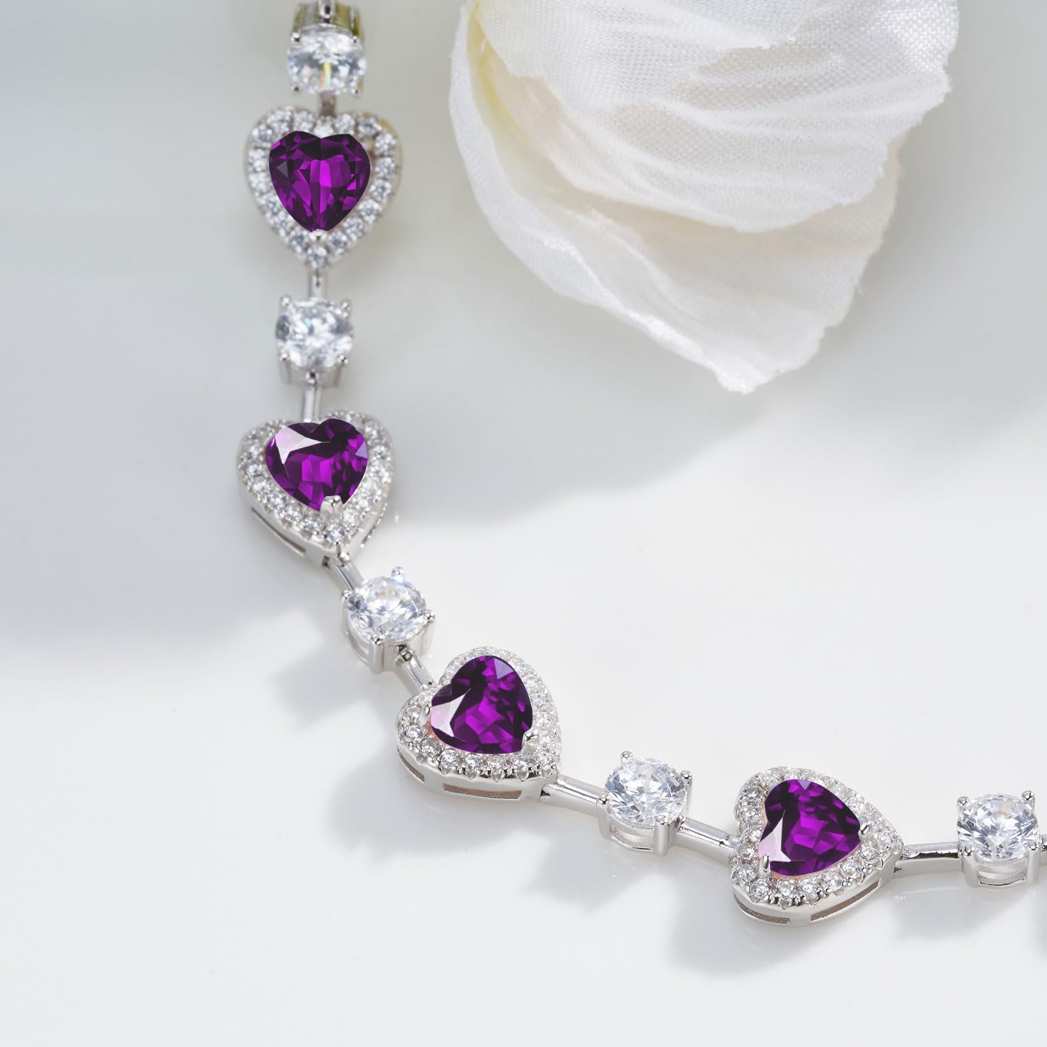 Birthstone Tennis Bracelet for Women - Sterling Silver Heart Charm Bracelet, Fine Jewelry Gift for Mom, Anniversary, Birthday - 18cm | Perfect for Everyday Wear, Special Occasions & Gifting