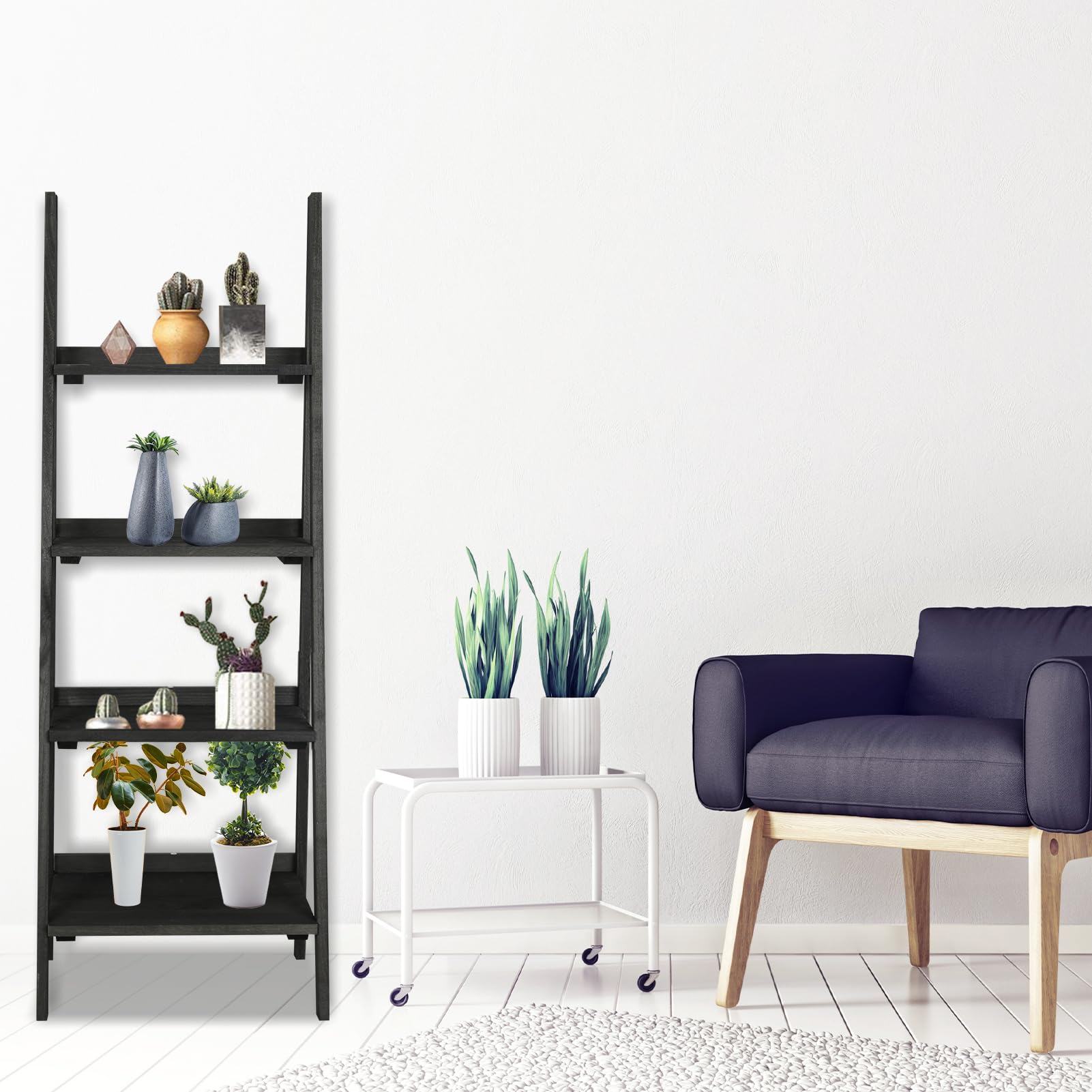Babion 4-Tier Industrial Ladder Shelf - Sturdy Wooden Leaning Bookcase with Stable Frame | Multi-Purpose Storage Rack for Books, Plants & Decor | Perfect for Home, Bedroom, Kitchen & Office Organization