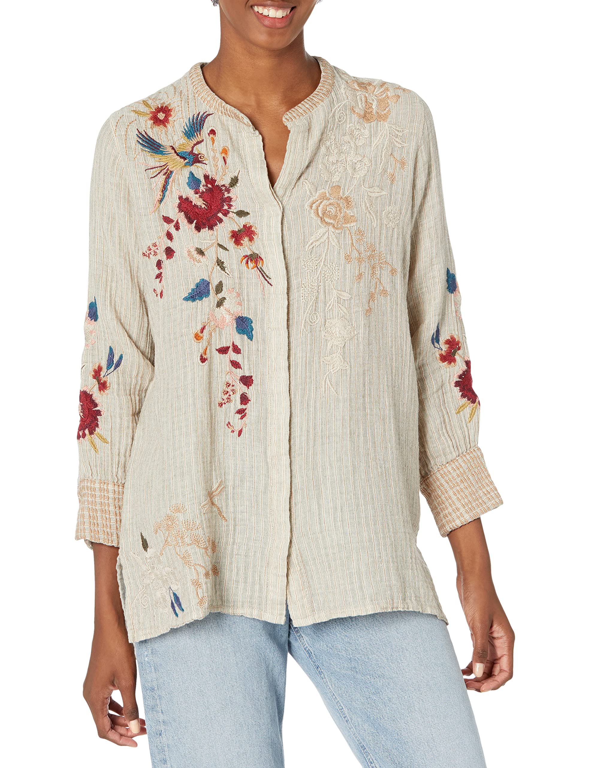 Johnny Was Women's Bohemian Long Sleeve Tunic Top - Floral Print Flowy Blouse for Casual Wear, Office & Date Night Outfits