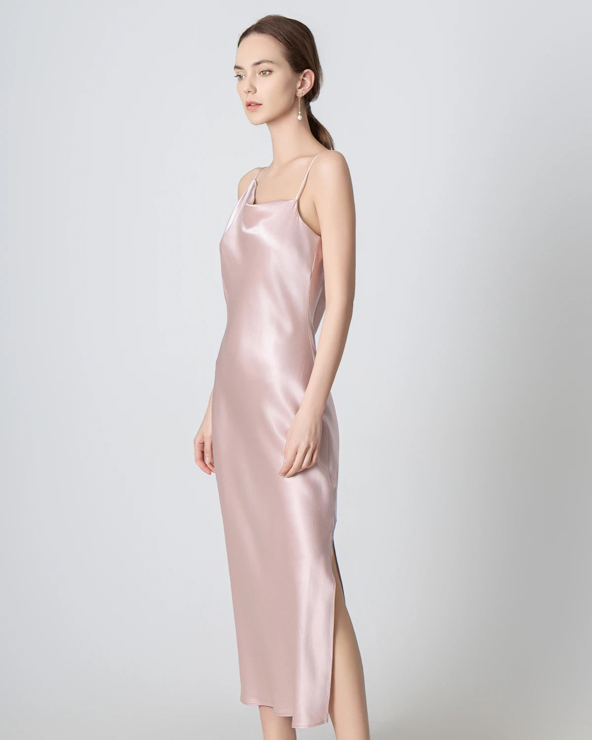 Elegant Slit Cowl Neck Midi Silk Dress for Women | Luxury Satin Evening Gown | Perfect for Cocktail Parties, Date Nights & Formal Events
