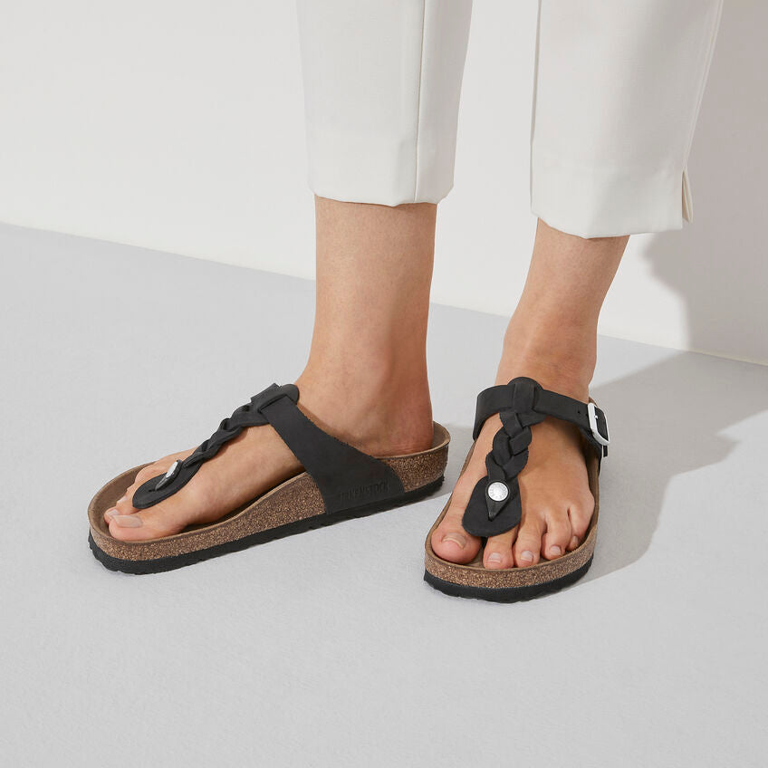 Birkenstock Gizeh Braid Oiled Leather Sandals for Women - Black Comfortable Footbed Sandals | Perfect for Summer, Beach, and Casual Outings