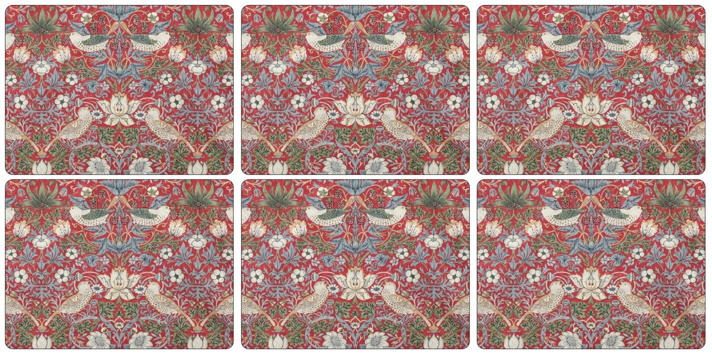 Pimpernel Strawberry Thief Wooden Placemats - Set of 6 Colorful Red Small Place Mats for Dining Table Decor | Perfect for Farmhouse Kitchen, Tea Party & Home Entertaining