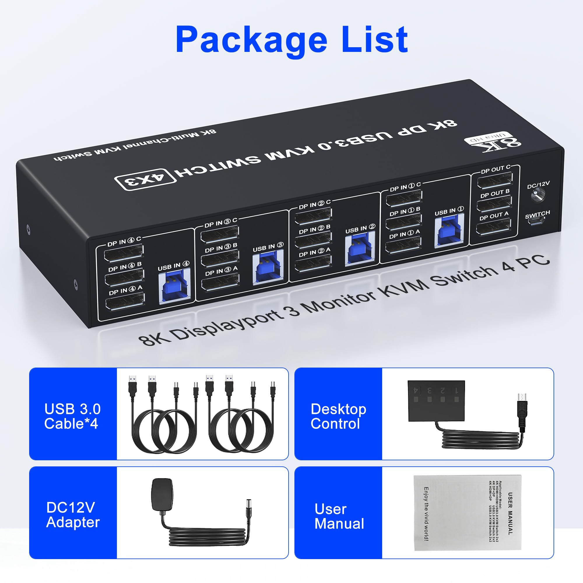 8K @ 60Hz 4K @ 144Hz Triple DisplayPort KVM Switch for 4 Computers & 3 Monitors - USB 3.0 Hub with Audio/Mic Support - Perfect for Multi-PC Gaming, Trading & Office Workstations