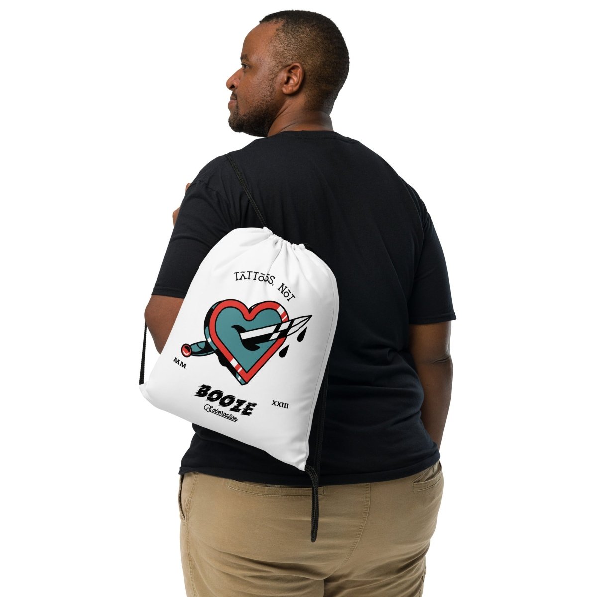 Tattoos Not Booze Heart Print Drawstring Backpack - Motivational Gym Bag for Workouts, Yoga & Everyday Use - Carry Your Strength with Pride