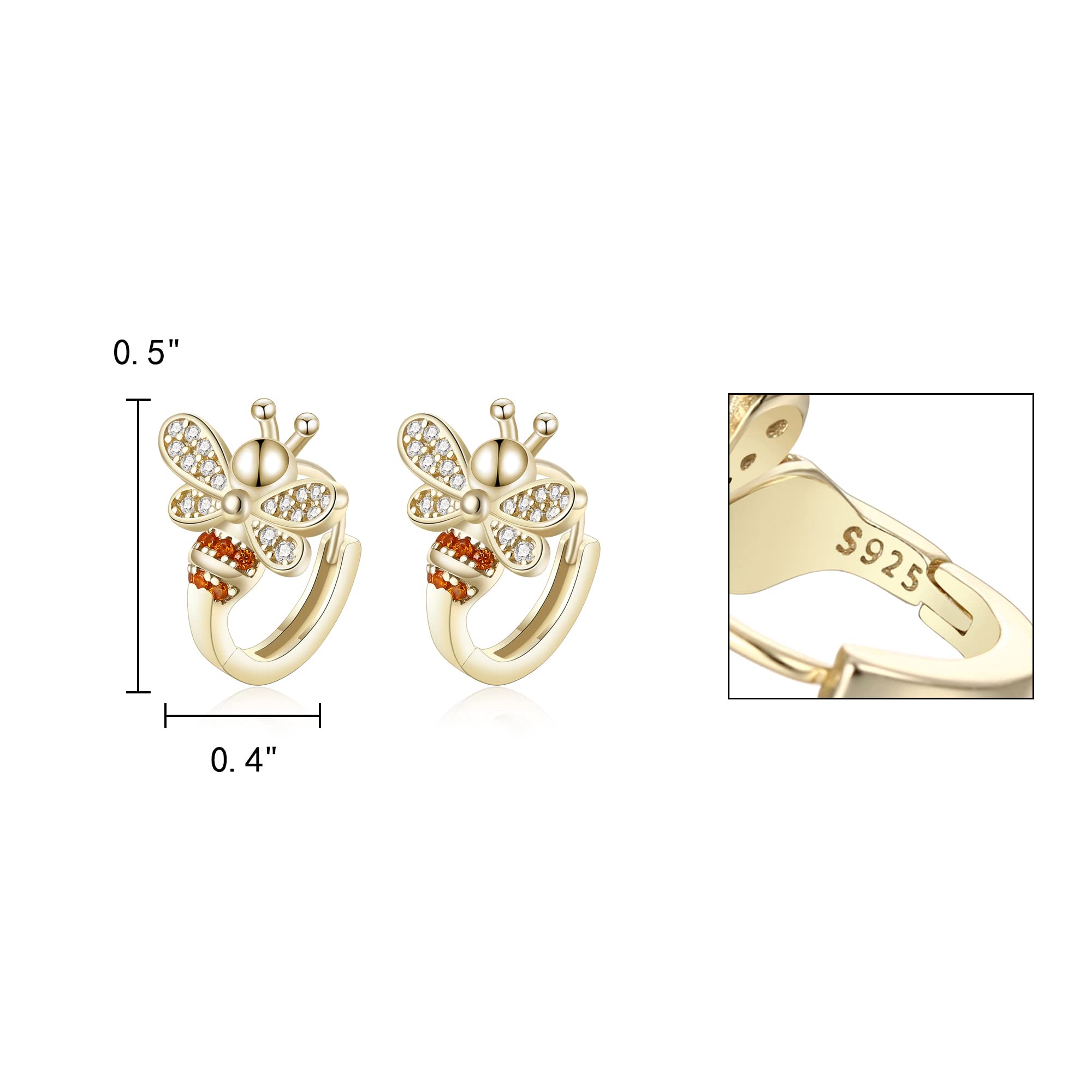 925 Sterling Silver Tiny Bumblebee Hoop Earrings for Women - CZ Gold Tone Elegant Jewelry - Perfect for Everyday Wear, Gifts & Special Occasions