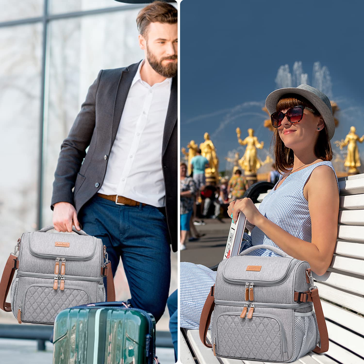 Artelaris Large Insulated Lunch Bag for Men & Women - Leak Proof Double Compartment Cooler Tote for Work, School & Picnics - Black & Grey Lunch Box with Dual Deck Design