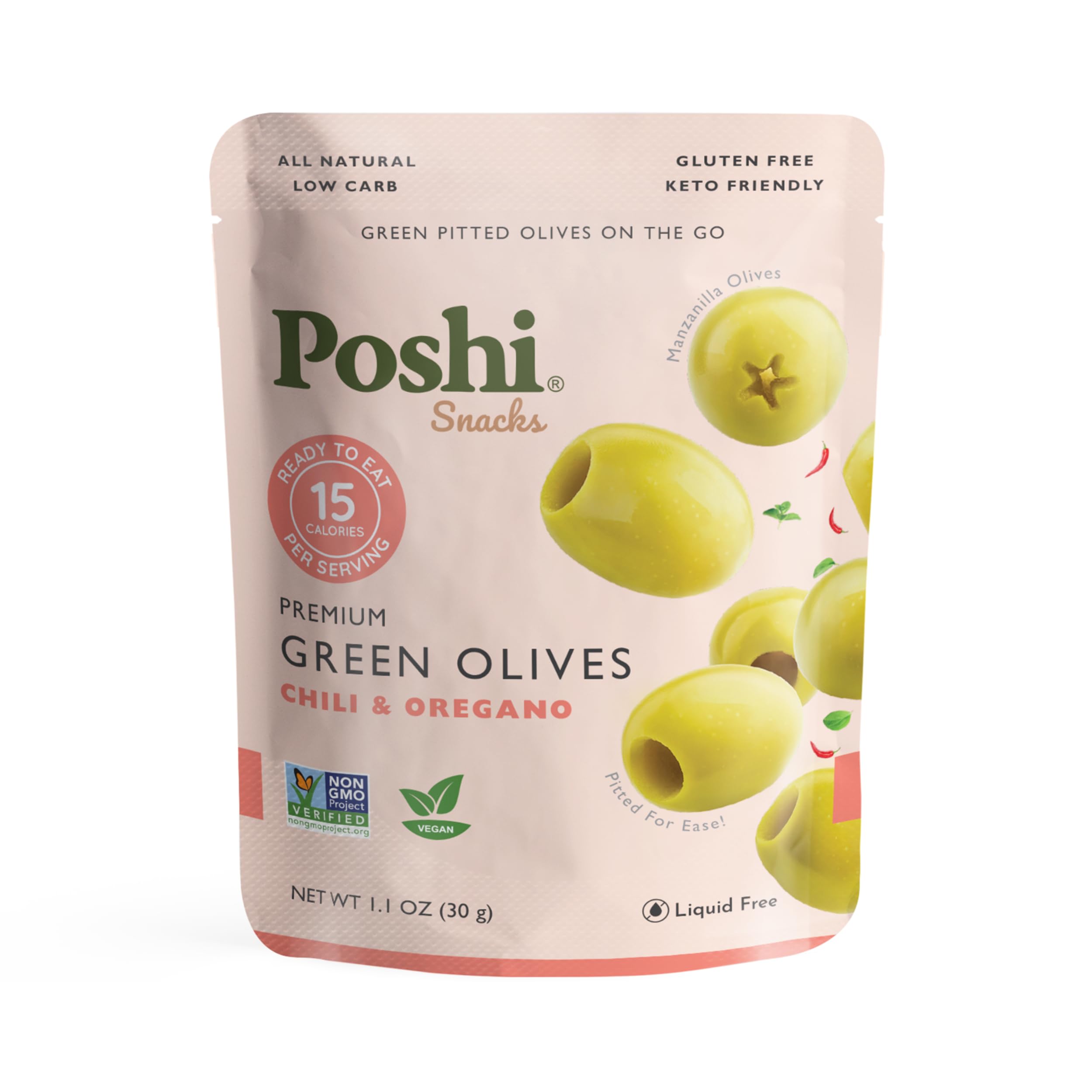 Poshi Green Pitted Olives with Chili & Oregano | Vegan, Kosher, Gluten-Free, Keto-Friendly Snacks | All Natural, Low-Calorie Healthy Snack (30 Pack, 1.1oz Bags) | Perfect for On-the-Go, Lunch Boxes & Party Platters