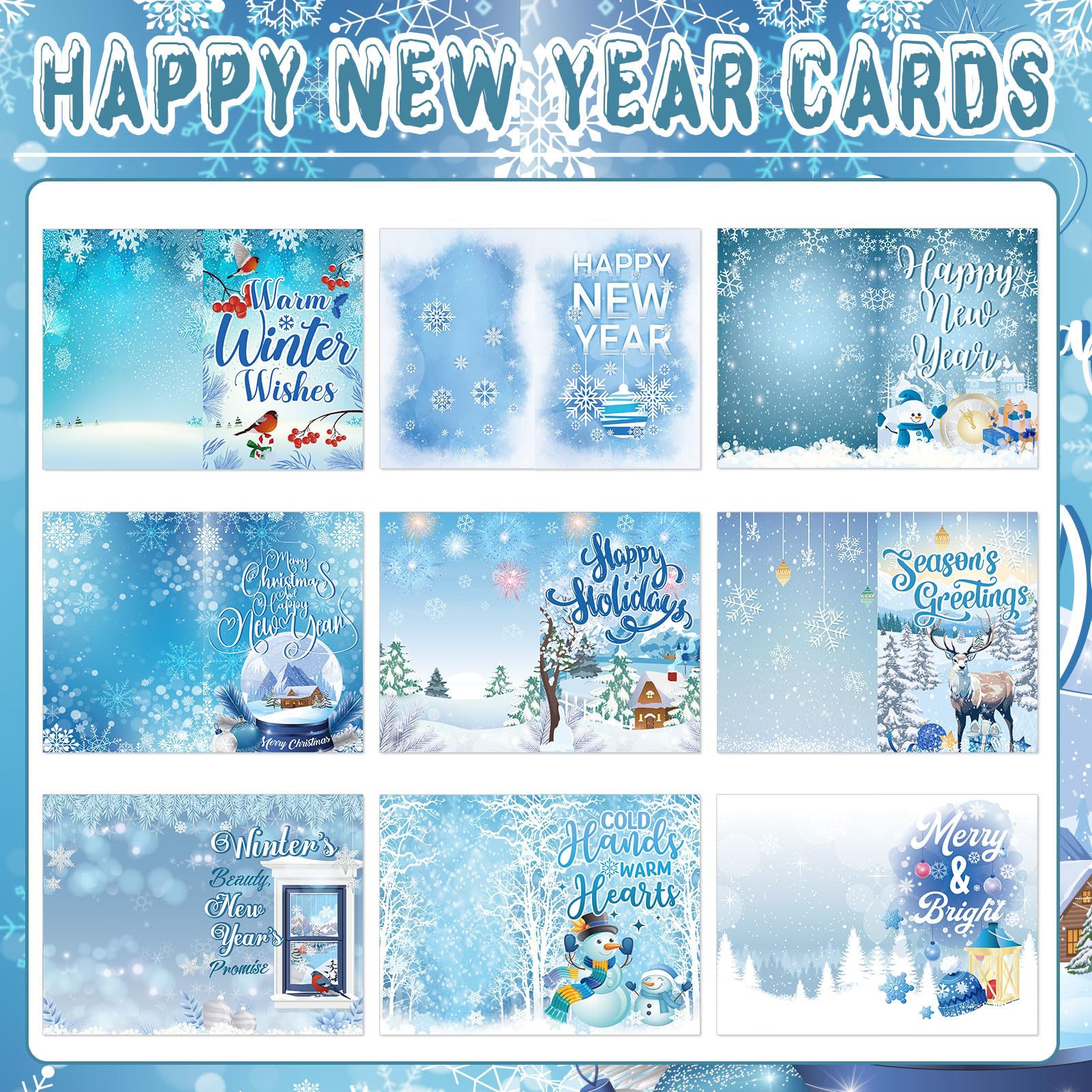 HOWAF 9-Piece Happy New Year Greeting Card Set with Envelopes & Stickers - Winter Holiday Christmas Cards for Employees, Friends & Family - Festive Thank You Cards for Office Gifts, Holiday Parties & Seasonal Greetings