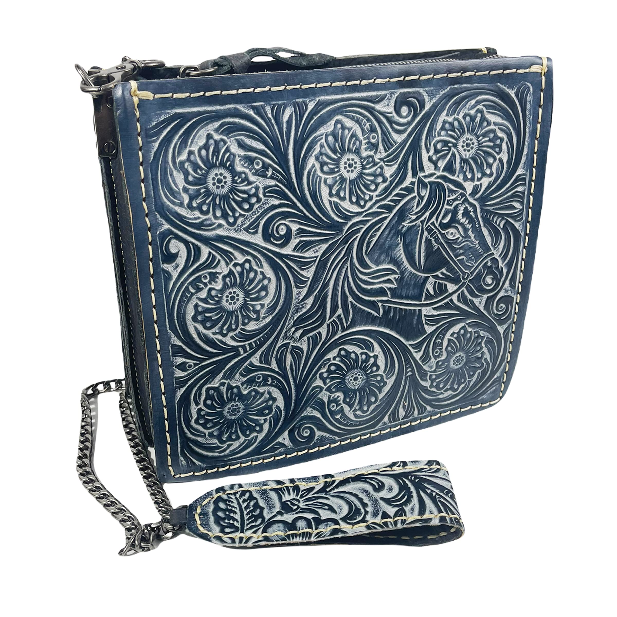 Genuine Leather Western Purse for Women - Hand Tooled Floral & Horse Design with Leather Chain Strap - Hand Stitched Cowgirl Handbag - Perfect for Rodeo, Country Music Festivals & Western Fashion Outfits