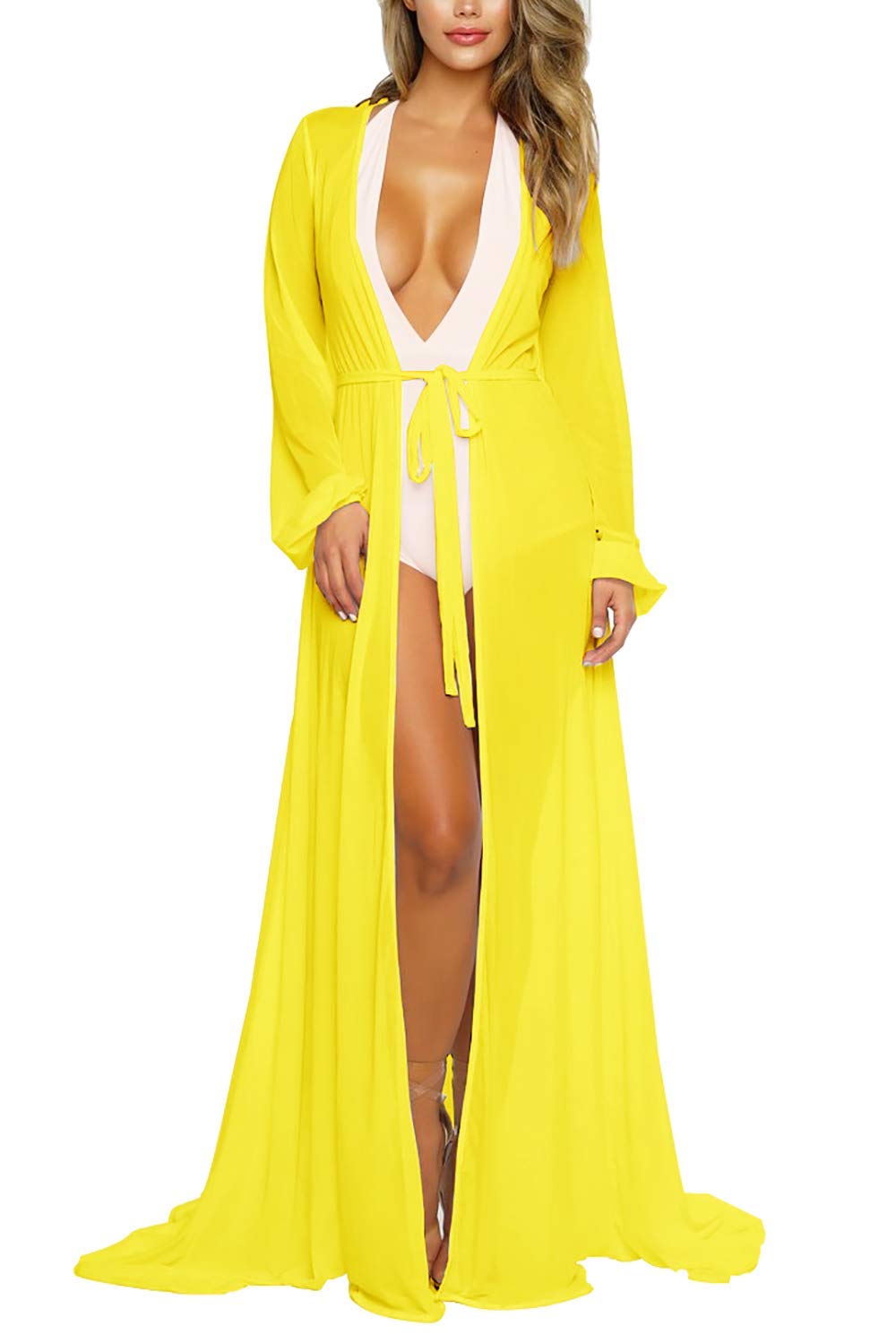 Sexy Women's Mesh Long Sleeve Swim Cover Up Dress - Tie Front Beach Maxi Dress for Pool, Vacation & Summer Outfits | Lightweight Sun Protection & Stylish Resort Wear