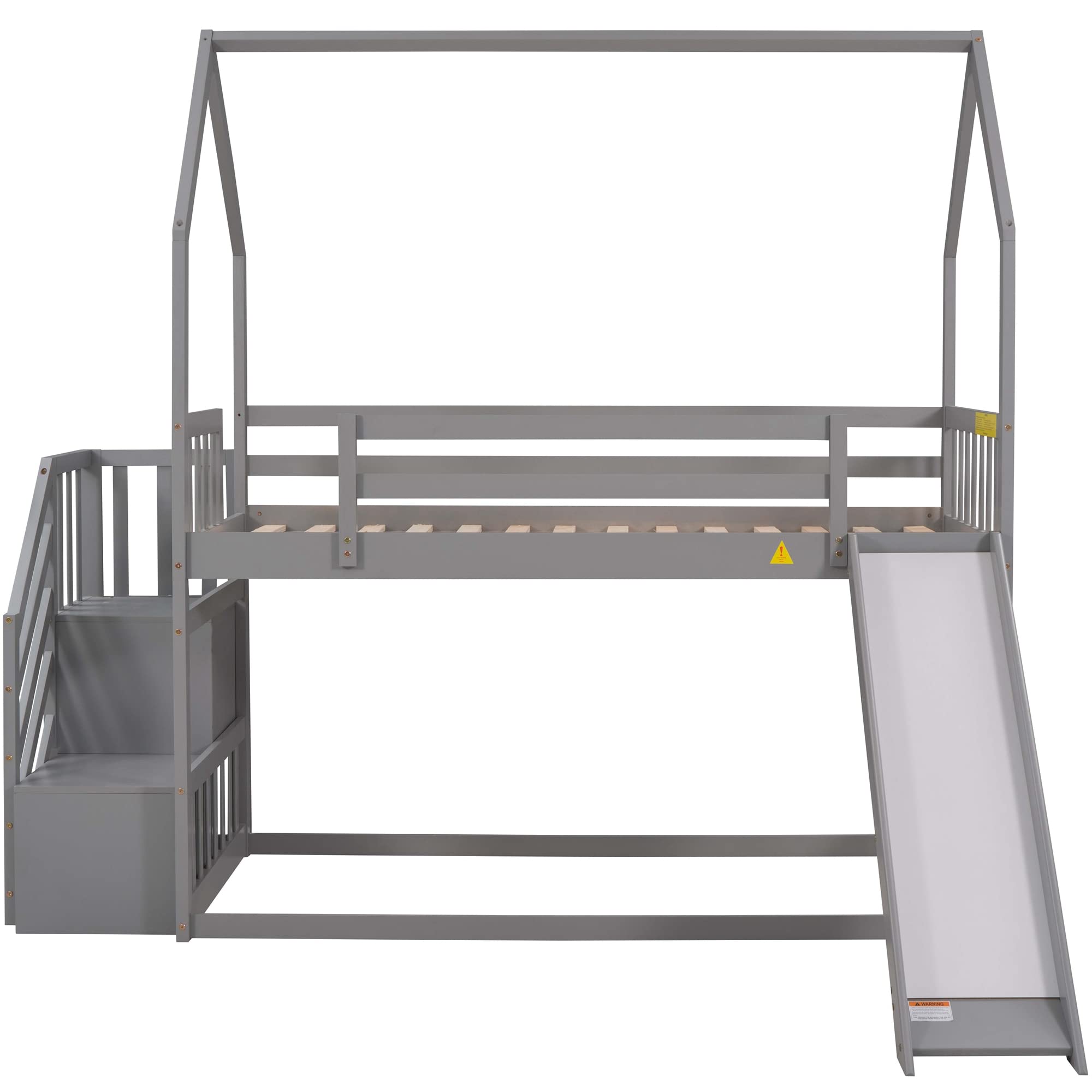 Twin Over Twin Wooden Bunk Bed with Slide, 2 Drawers, Roof & Guardrails - No Box Spring Needed - Perfect for Kids, Teens & Family Bedrooms (Gray)