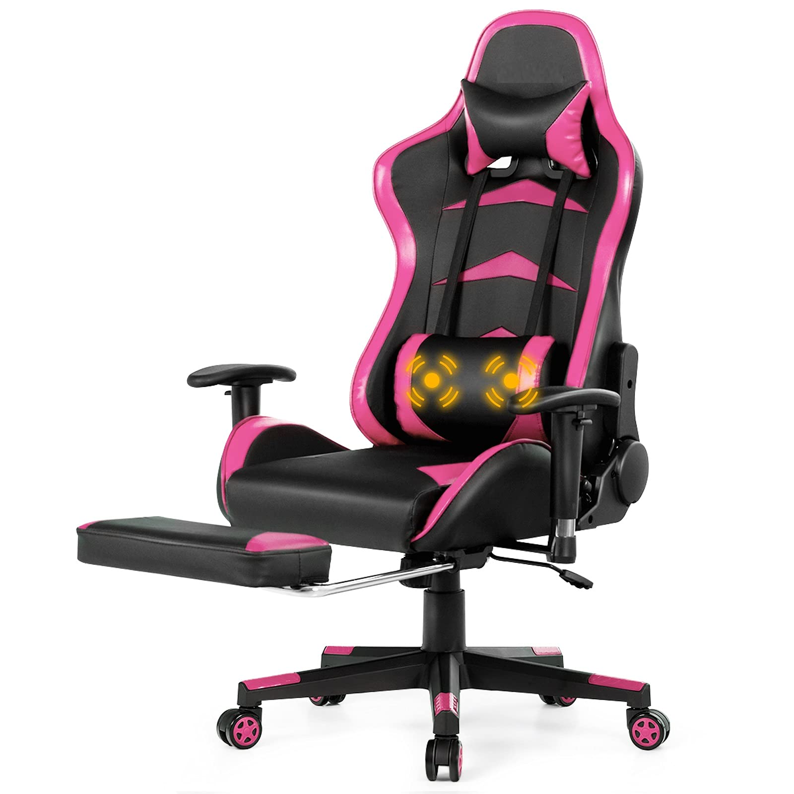 Premium Ergonomic Gaming Chair - Racing Style High-Back Computer Chair with Adjustable Headrest & Lumbar Support, Reclining PU Leather Office Chair with Footrest & Massage Function, Height Adjustable for Home, Office or Gaming Setup (Pink) - Perfect for Long Gaming Sessions, Work from Home & Office Comfort