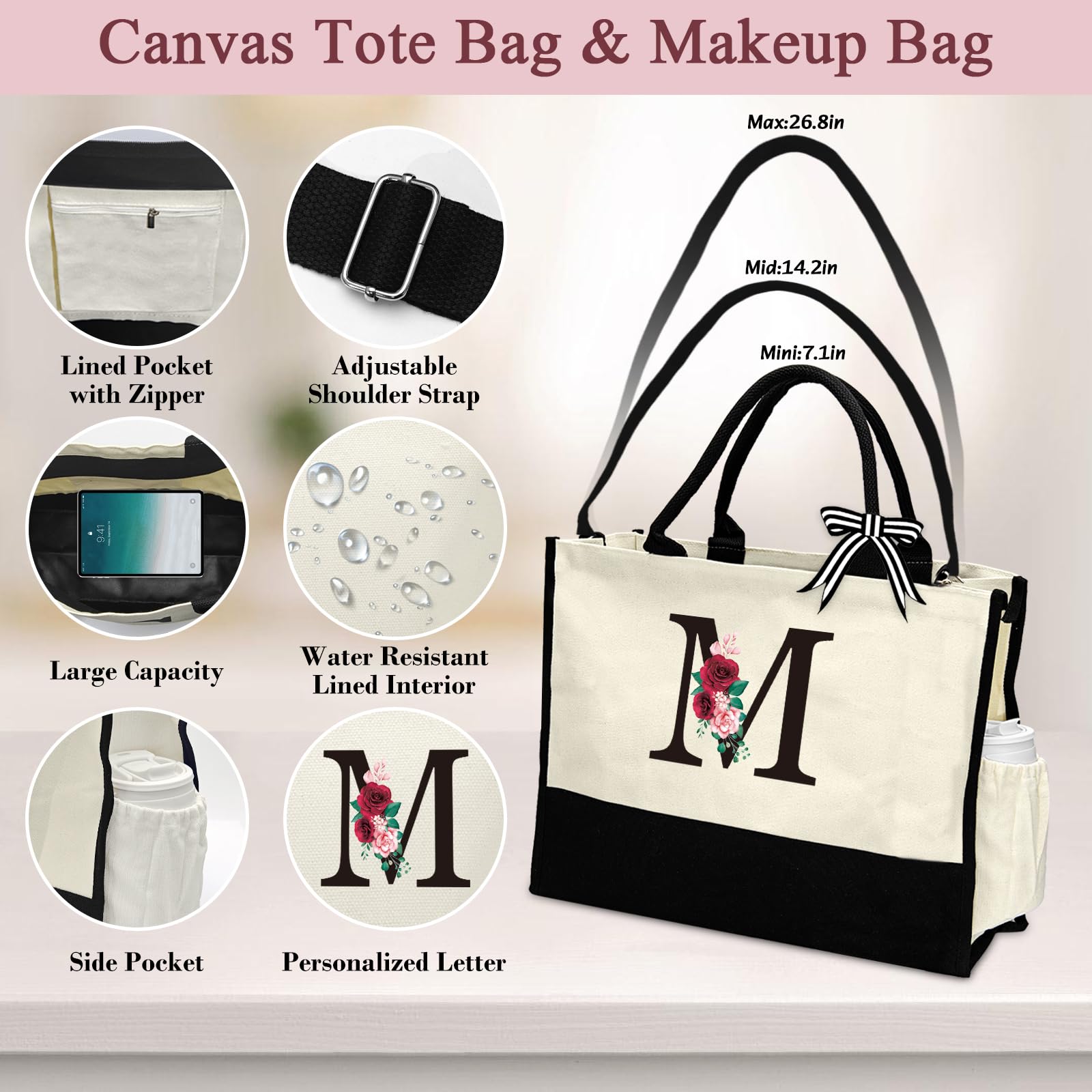 **Personalized Birthday Gift Basket for Women - Initial Canvas Tote Bag, 2 Makeup Bags & Jewelry Travel Case | Thoughtful Gifts for Mom, Grandma, Teacher | Perfect for Travel, Spa Days & Special Occasions**