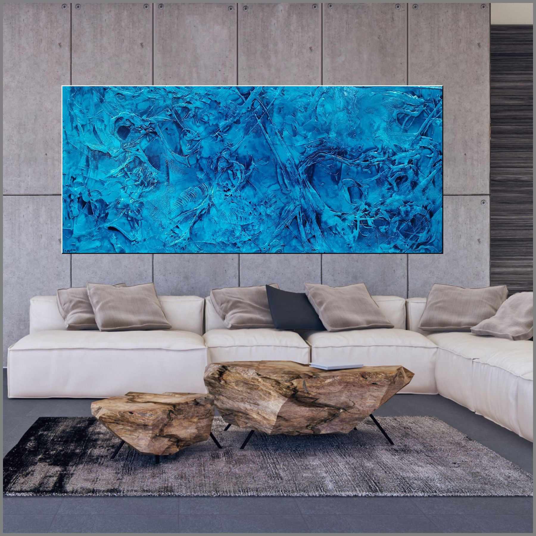 Pure Cobalt Ink 270cm x 120cm Blue Abstract Textured Canvas Painting - Modern Wall Art for Living Room, Bedroom & Office Decor