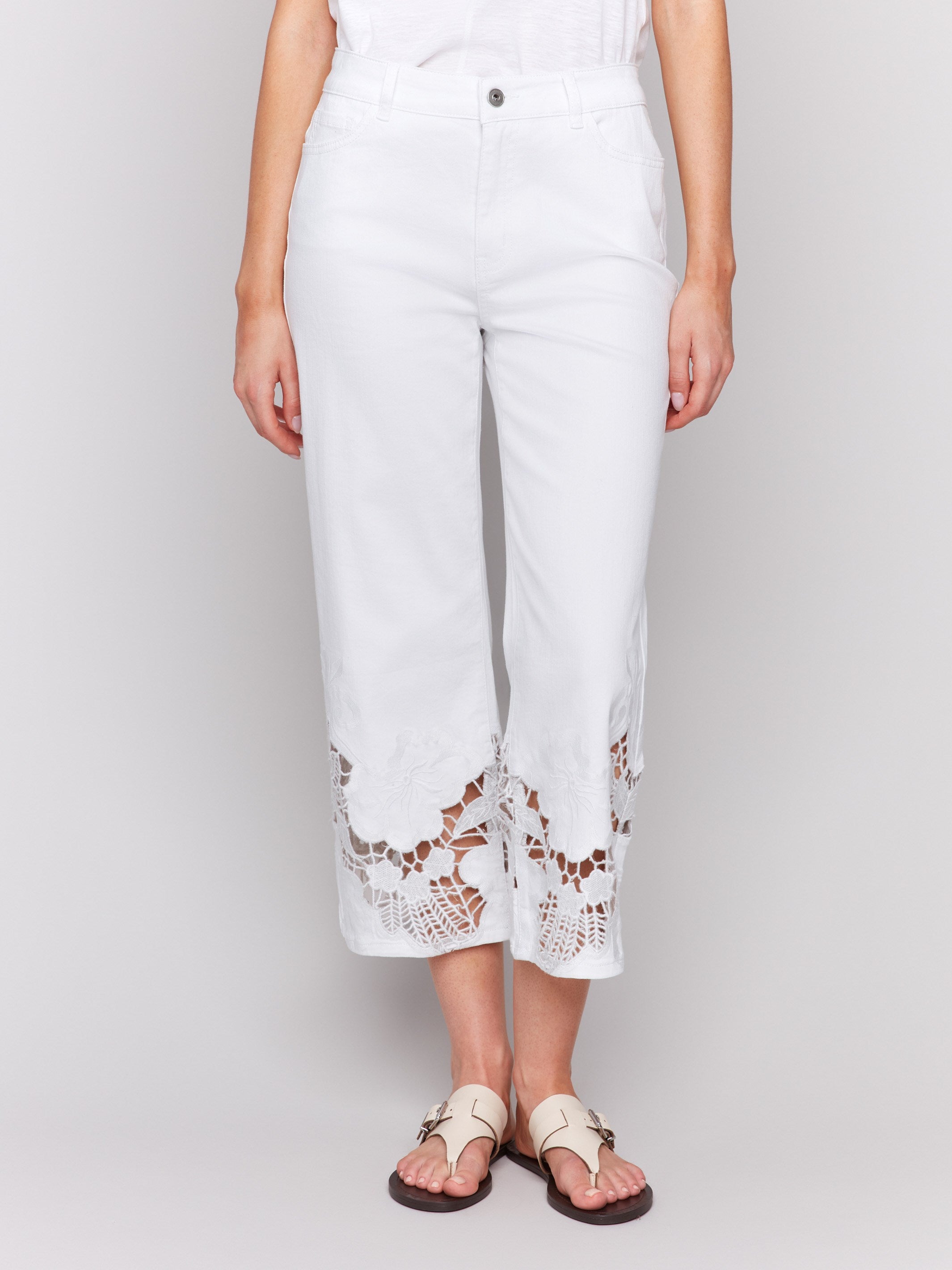 Cropped Flare Leg Jeans with Lace Hem - Women's High Waisted Vintage Denim Pants (White) | Perfect for Casual Outfits, Boho Style & Summer Fashion