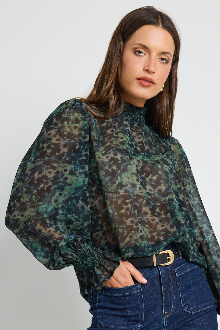 Emphatic Khaki Ditsy Print Shirred Neck Long Sleeve Top for Women | Casual Chic Blouse for Everyday Wear & Date Nights