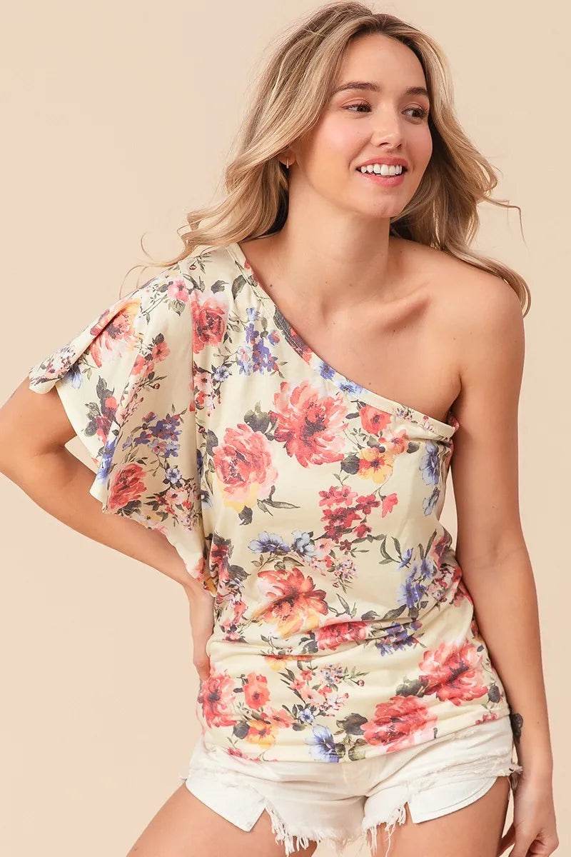 BiBi Floral Printed Jersey Knit Ruffle Sleeve Top for Women | Soft Stretch Casual Blouse | Perfect for Spring Outfits, Date Nights & Office Wear