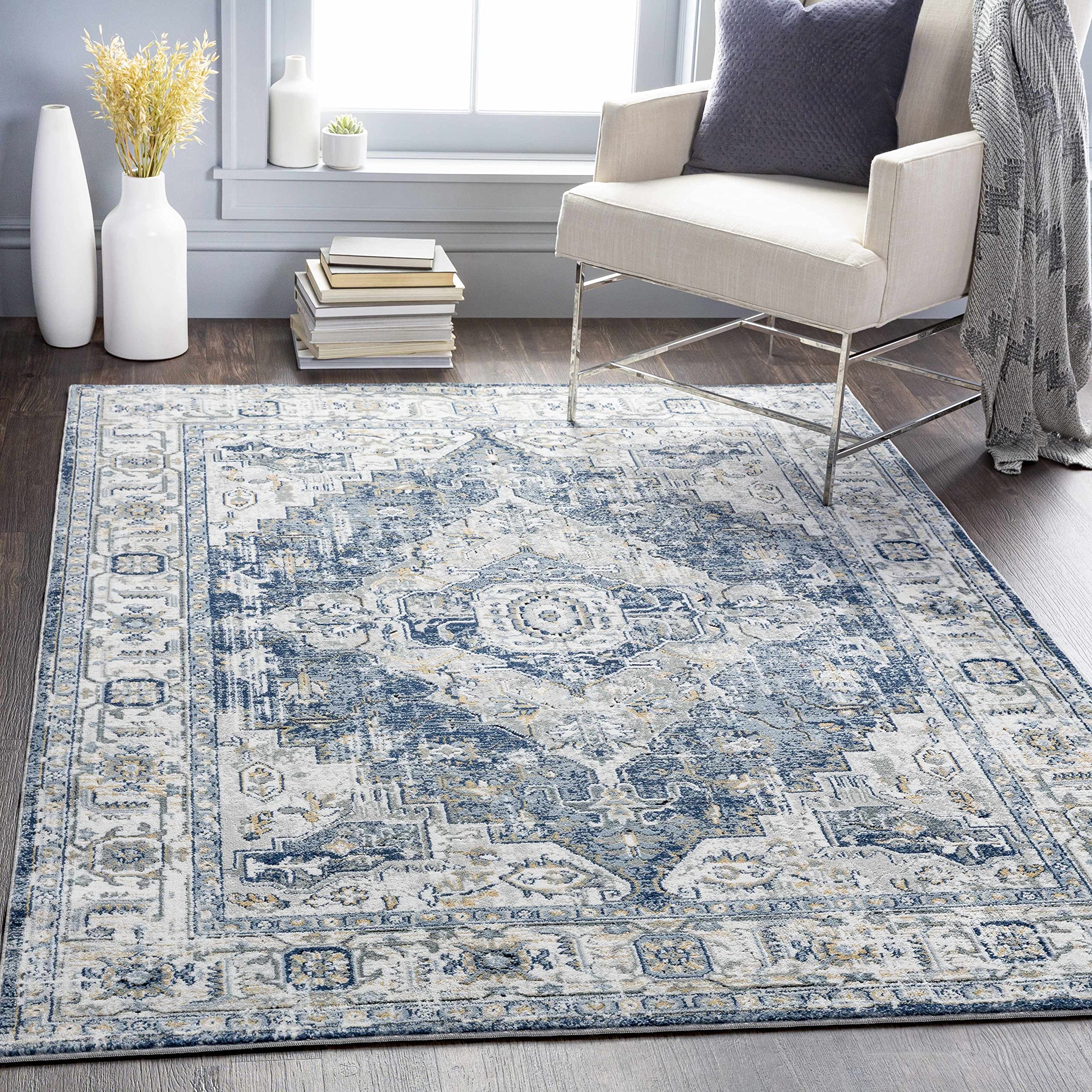 Bohemian Area Rug for Living Room & Bedroom - Traditional Oriental Medallion Design in Blue, Beige, Gray - 7'10