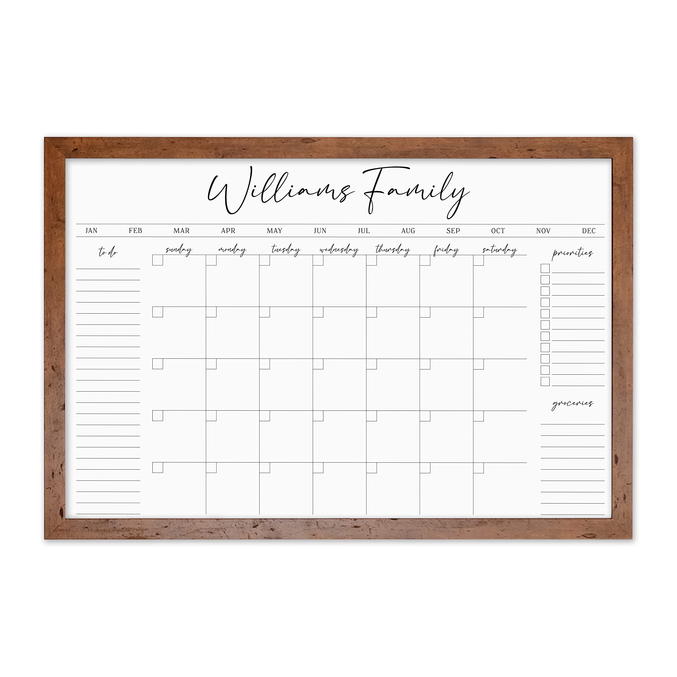 Custom Dry Erase Wall Calendar with Personalized To-Do List & Notes Sections - Large 36x24 Inch Whiteboard Planner with Walnut Frame for Home, Office & Classroom Organization