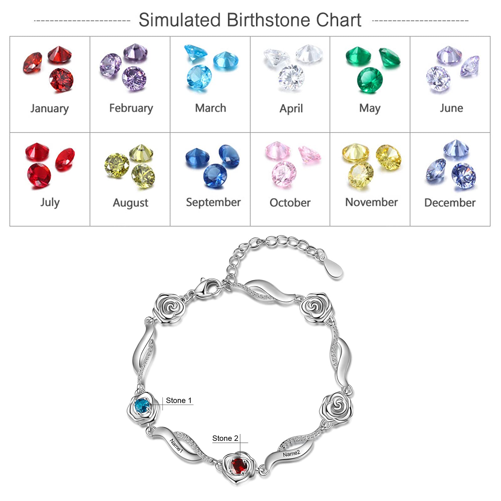 Personalized Rose Flower Link Bracelet for Women - Custom Engraved Name Bracelet with Simulated Birthstones, Adjustable Chain Jewelry Gift for Birthday, Valentine's Day, Anniversary | Romantic Gift for Her, Wedding Party Accessory, Mother's Day Present