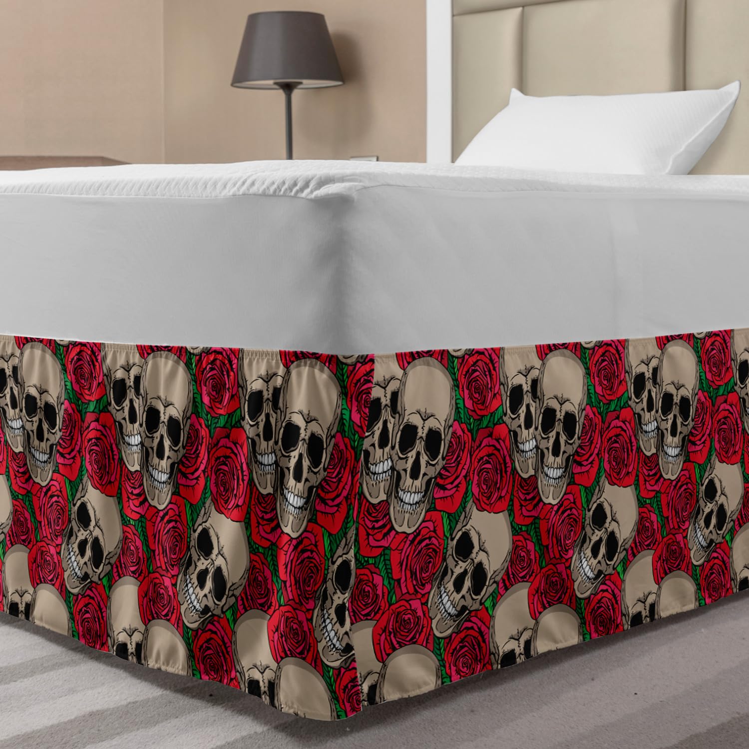 Ambesonne Gothic Rose Elastic Bed Skirt - Halloween Inspired Retro Skull & Red Rose Blossom Design, Wrap Around Dust Ruffle for Full Size Beds (Vermilion/Tan/Green) - Perfect for Gothic Bedroom Decor & Spooky Halloween Themed Rooms