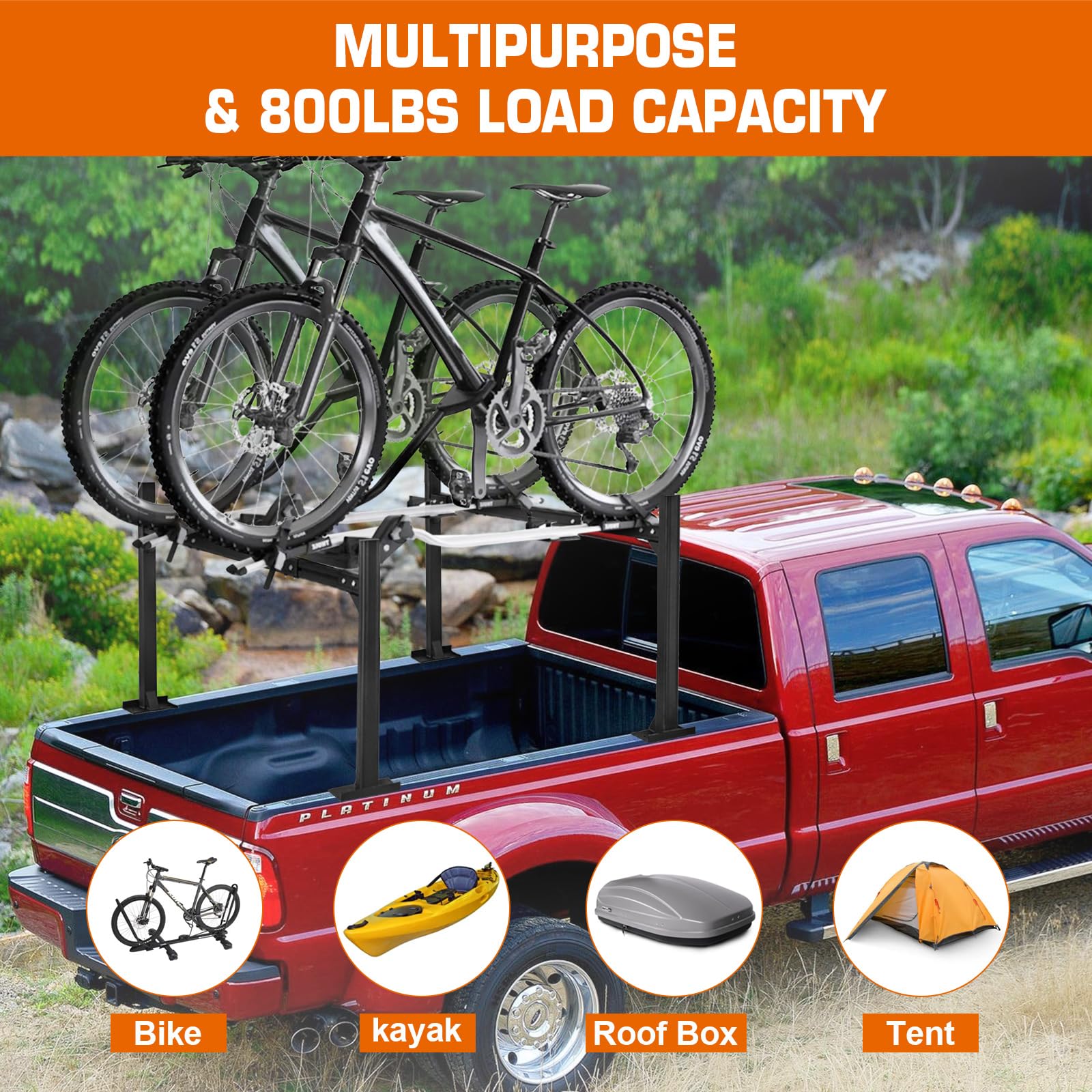 Universal Aluminum Truck Ladder Rack - Adjustable 62-80 Inch Pickup Bed Rack with 800LB Capacity | Heavy Duty for Bikes, Kayaks, Surfboards, Ladders, Lumber & Tents | Perfect for Outdoor Adventures, Camping & Work Transport