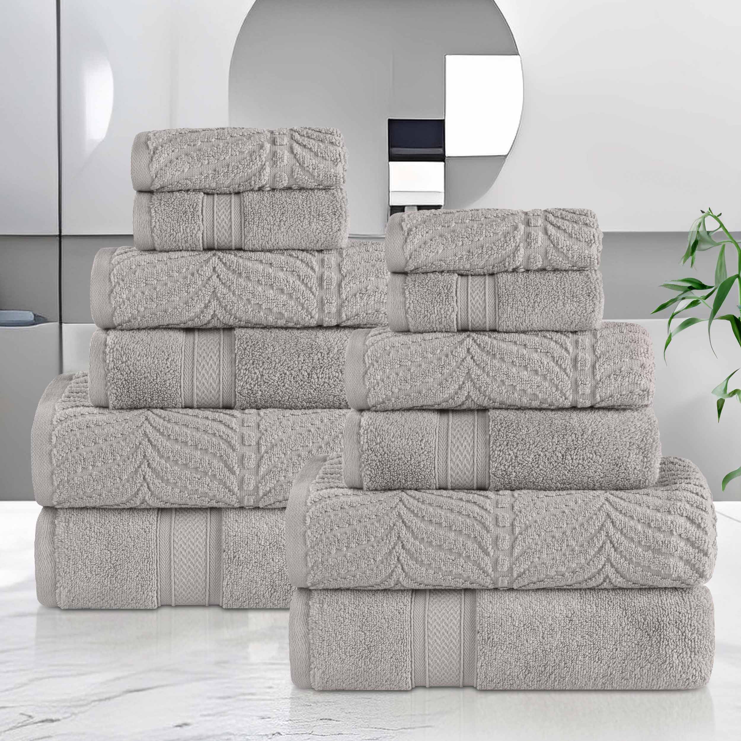 Premium 12-Piece Zero Twist Cotton Towel Set - Solid & Jacquard Chevron Design | Soft, Absorbent Bath & Beach Towels for Spa, Pool, and Luxury Home Use