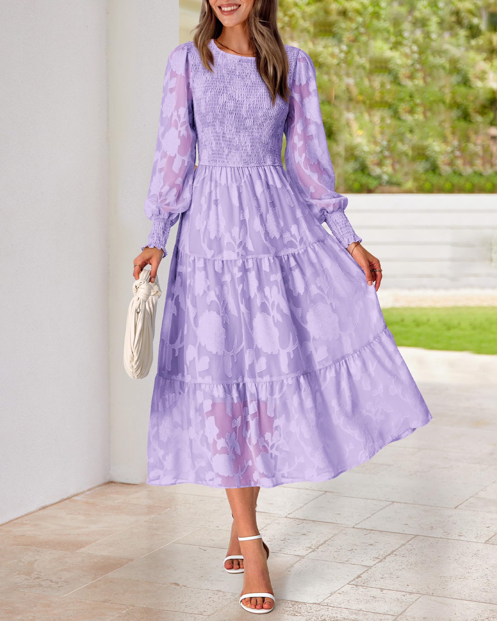 BTFBM Women's Elegant Floral Midi Dress - Long Sleeve Bohemian Wedding Guest Dress for Spring 2025 | Perfect for Garden Parties, Bridal Showers & Formal Events