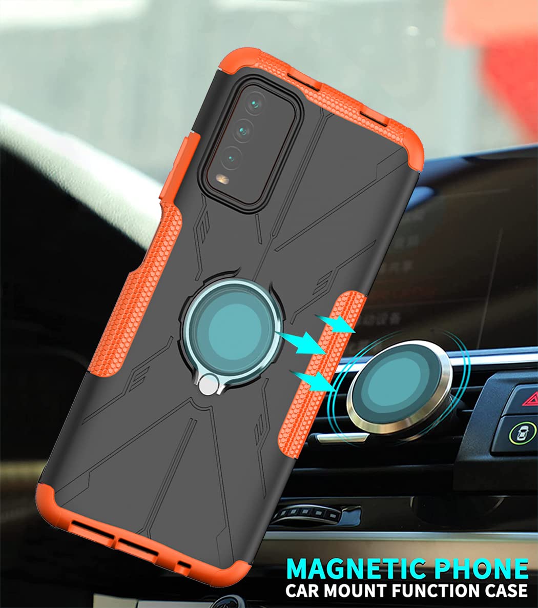 Premium Shockproof Phone Case for Redmi 9T/Poco M3/Redmi Note 9 4G M2010J19SL with Tempered Glass Screen Protector & Metal Ring Holder Kickstand - Durable Protection Cover for Xiaomi Redmi 9T (Orange) - Perfect for Work, Travel & Outdoor Activities