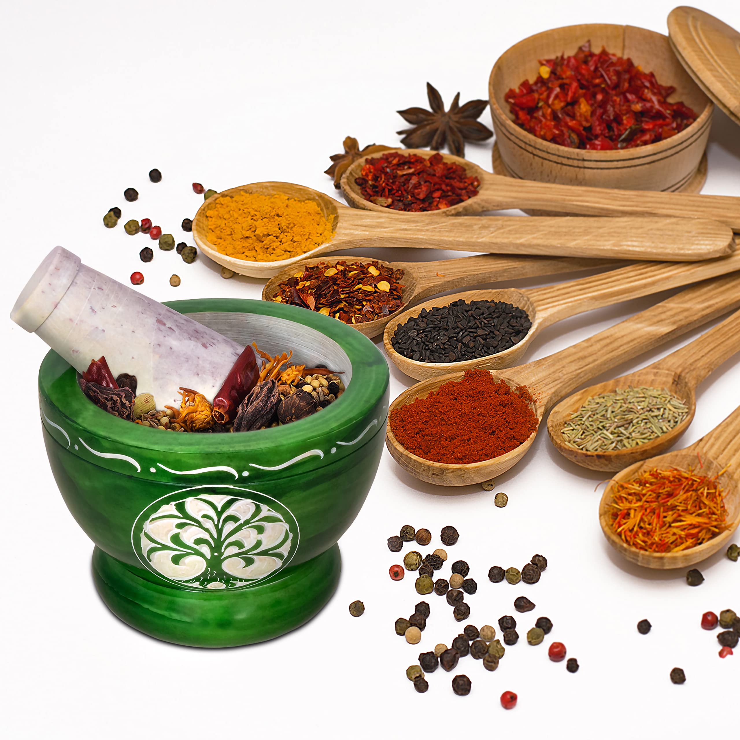 Premium Mortar and Pestle Set - Heavy Duty Polished Natural Stone Spice Grinder for Herbs, Seasonings, Pastes & More (Green Tree of Life Design) - Perfect for Kitchen, Cooking, Ayurveda & Herbal Medicine Preparation