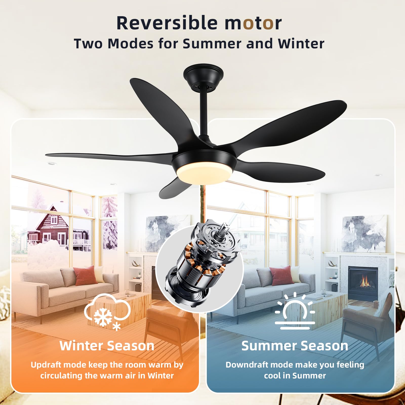 46 Inch Black Modern Ceiling Fan with Light - Remote & APP Control, Low Profile Reversible 6-Speed - Perfect for Indoor/Outdoor Use in Bedroom, Living Room, Patio, and Office Spaces