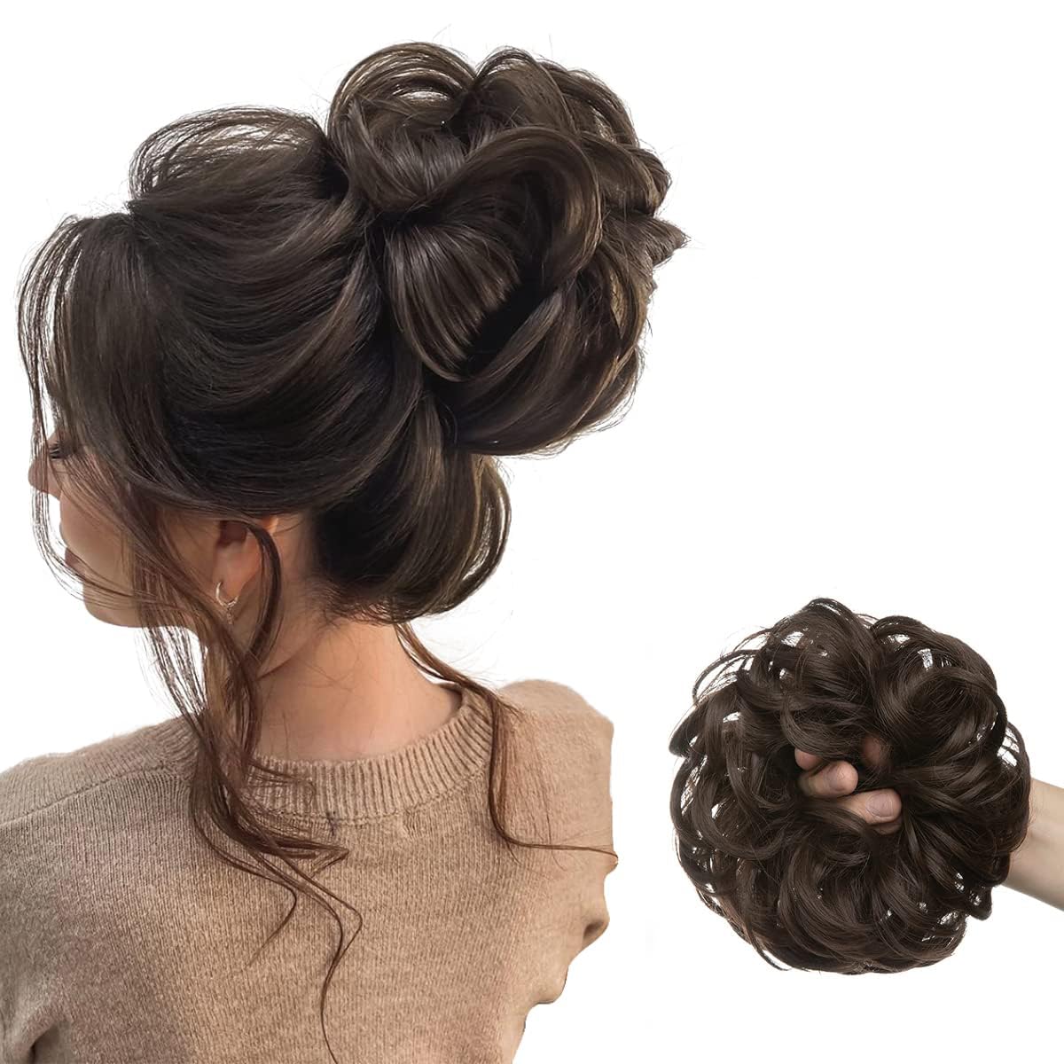 Messy Bun Hair Piece for Women - Wavy Curly Elastic Rubber Band Hair Bun Extensions (Brown) | Perfect for Workouts, Yoga, and Everyday Hairstyles