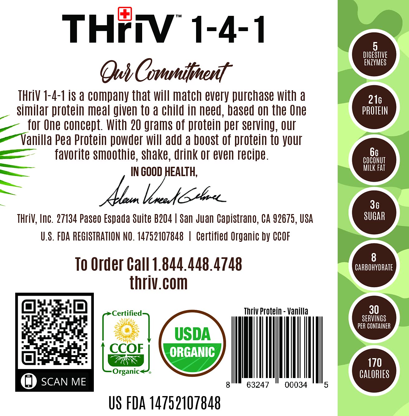 Organic Plant Based Protein Powder - Vegan, Gluten-Free, Non-GMO, Dairy Free (Vanilla, 2.5lb/1,140g) | Thriv THriV Nutrition | Perfect for Post-Workout Recovery & Healthy Smoothies