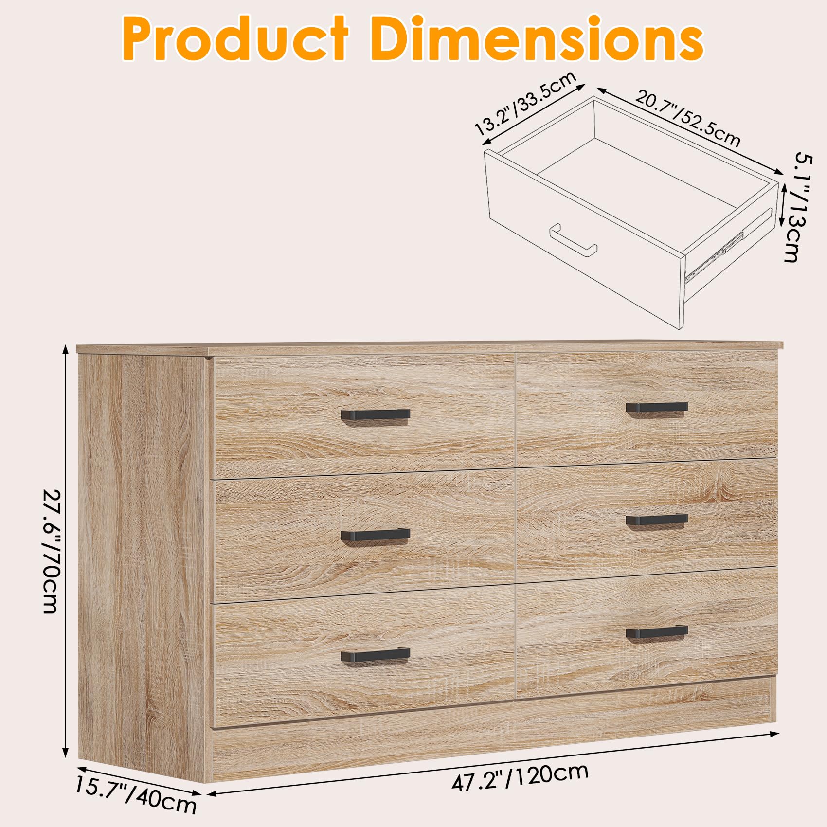 Bigbiglife 6-Drawer Double Dresser for Bedroom - Modern Chest of Drawers with Deep Storage, Large Dresser TV Stand Organizer for Living Room & Closet - Light Oak Finish | Perfect for Bedroom Storage, Living Room TV Stand & Closet Organization