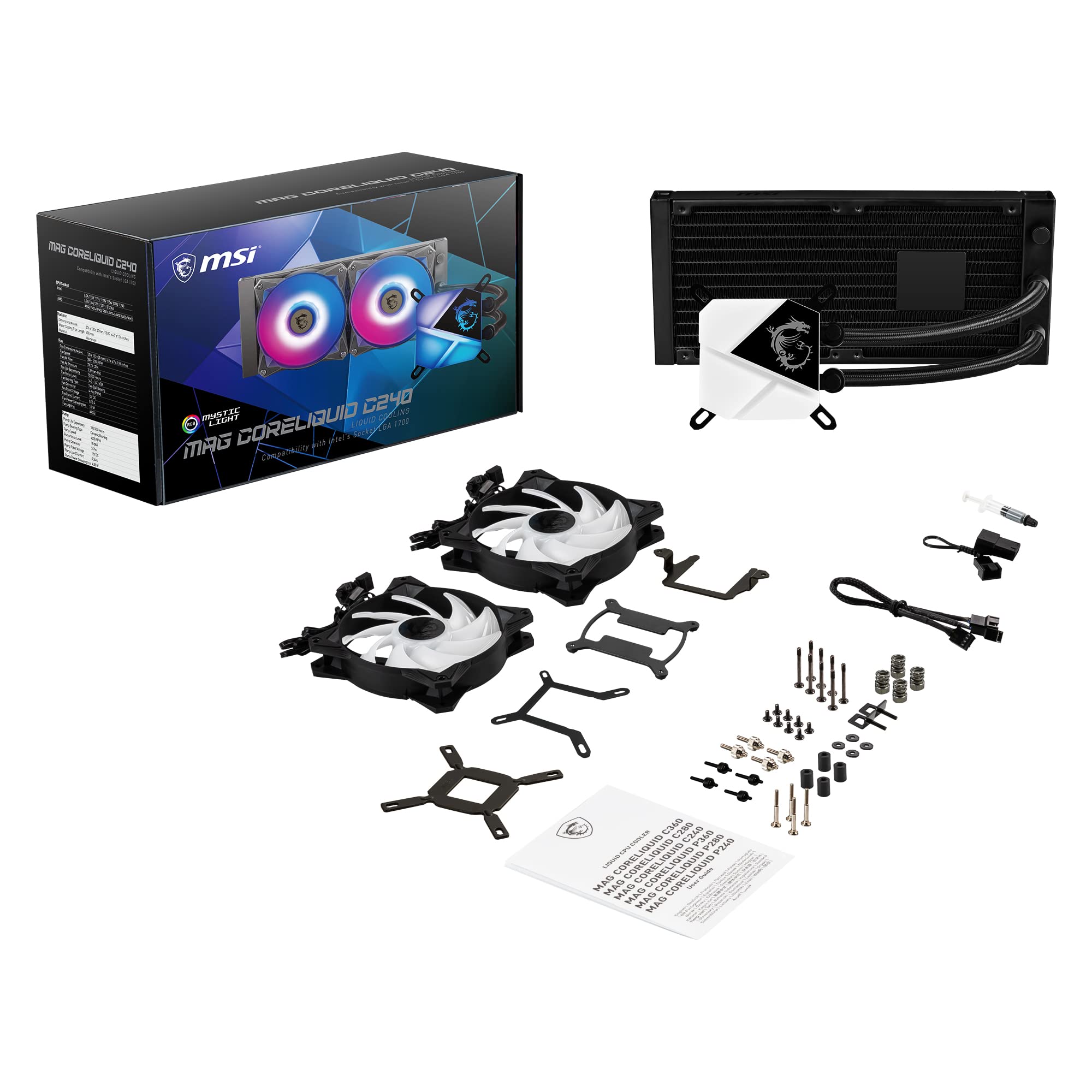 MSI MAG CoreLiquid C240 AIO RGB CPU Liquid Cooler - 240mm Radiator with Dual 120mm ARGB PWM Fans - High Performance Cooling for Gaming PCs & Workstations - Perfect for Overclocking and Silent Operation
