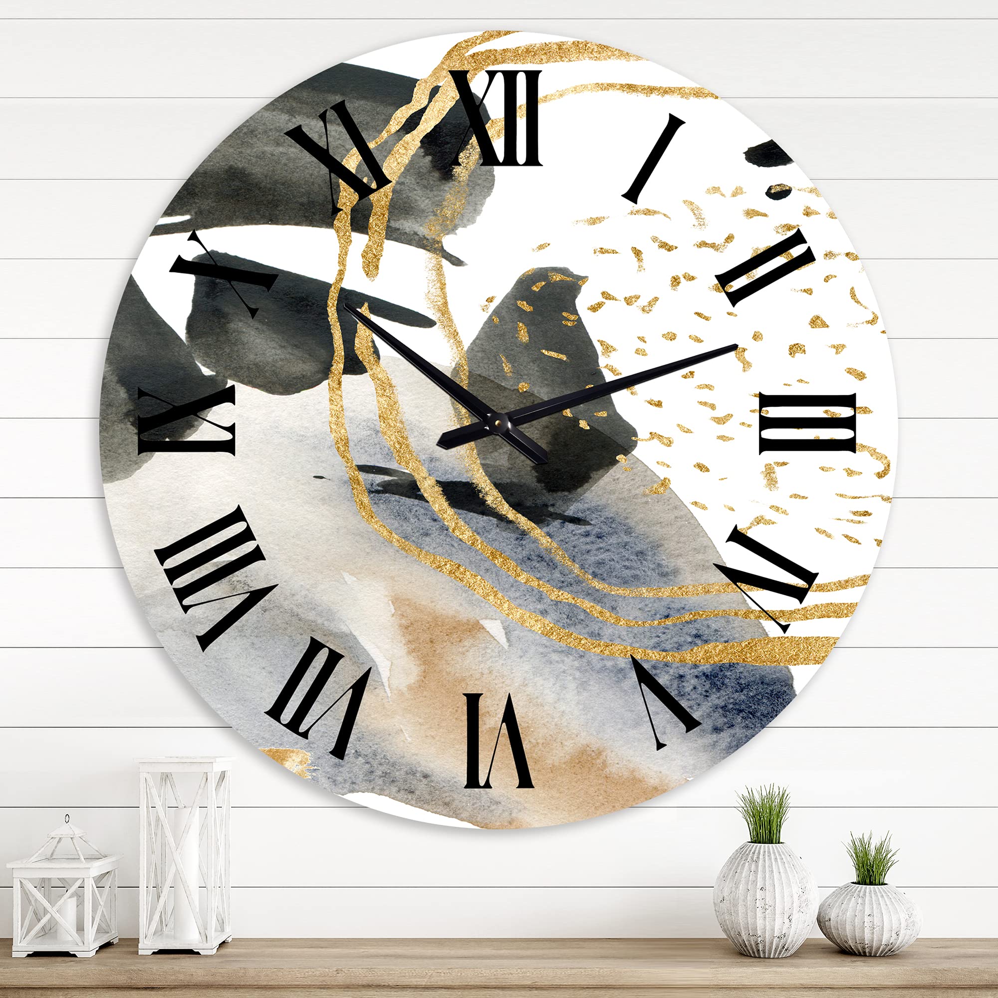 Modern Pastel Abstract Wall Clock with Blue, Black, Beige & Gold Spots - Large Fractal Design Decorative Clock for Bedroom, Living Room & Office