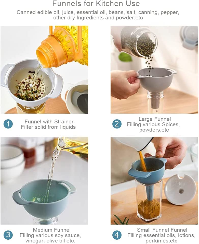 XAVRY 4-in-1 Plastic Funnel Set with Strainer - Wide Mouth Bottle Filler for Water, Oil, Food, Powder & Liquid Transfer - Perfect for Kitchen, DIY, Camping & Home Brewing