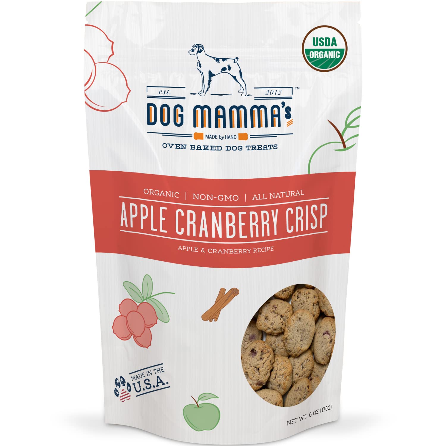 Organic Apple Cranberry Crisp Dog Treats for Small & Large Breeds - 6 oz, Grain-Free, All-Natural, USDA Certified - Perfect for Training, Rewards & Dental Health