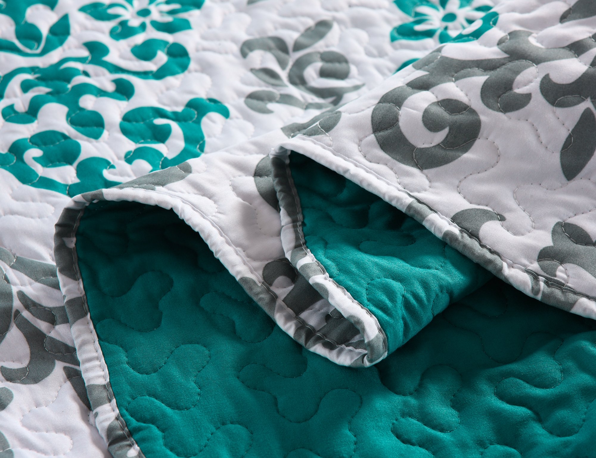 MarCielo 3-Piece Quilted Bedspread Set - Queen Size Lightweight Printed Coverlet & Throw Blanket in Turquoise Katrina Blue | Soft Bedding Ensemble for Master Bedroom, Guest Room & Cozy Home Decor