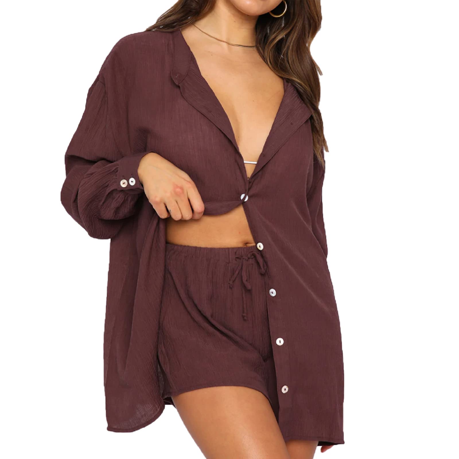Winioder Women's Summer 2-Piece Outfit - Long Sleeve Button Down Shirt & High Waist Loose Shorts Set | Casual Beachwear, Vacation Outfit, Street Style Fashion
