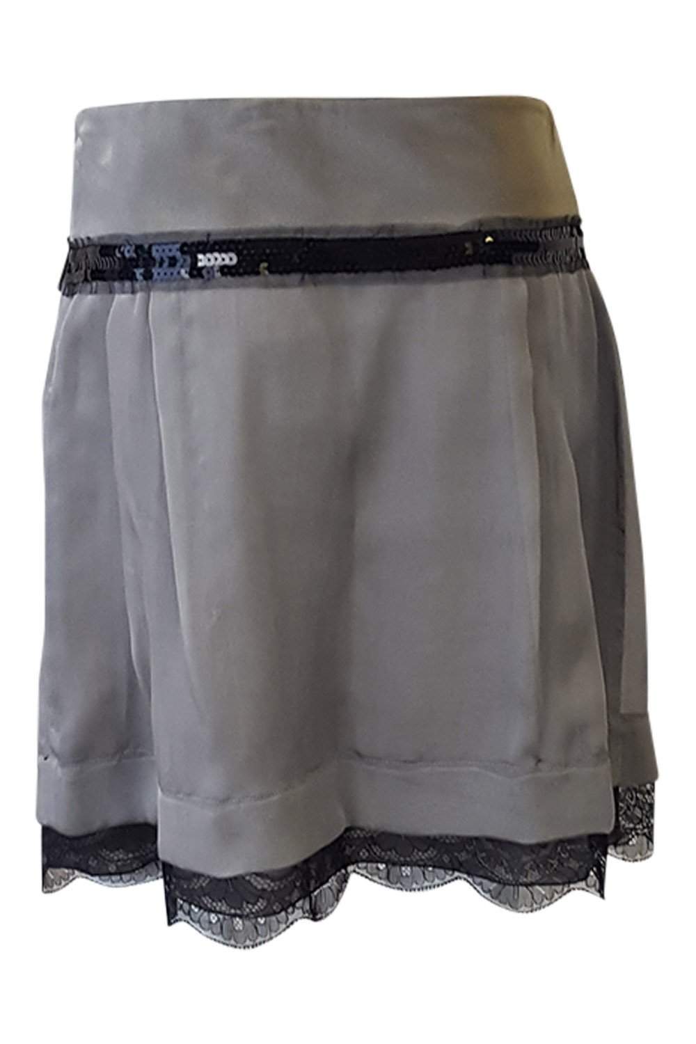 ALBERTA FERRETTI Grey Silk Mini Skirt with Frill Front - Size 38 | Elegant Party Wear & Cocktail Dress for Women | Perfect for Date Night, Wedding Guest Outfits & Special Occasions