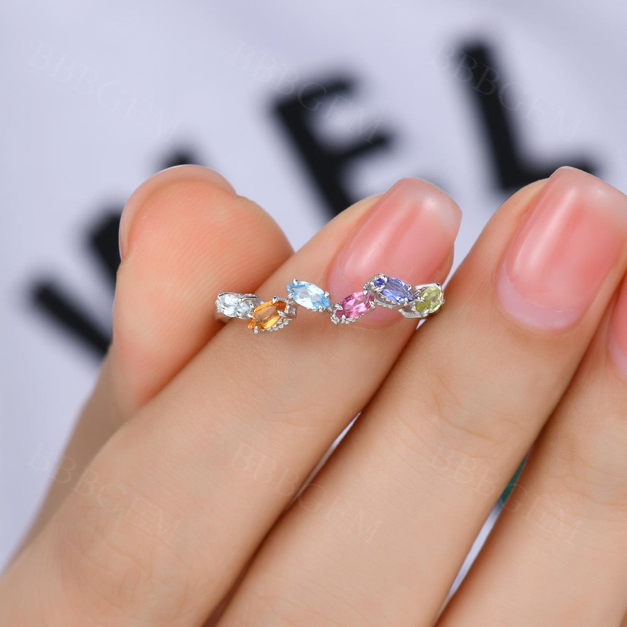 14K White Gold Rainbow Birthstone Stackable Ring - Multi Color Gemstone Band for Mom, Family, Gift | Perfect for Birthdays, Anniversaries, Mother's Day & Everyday Wear