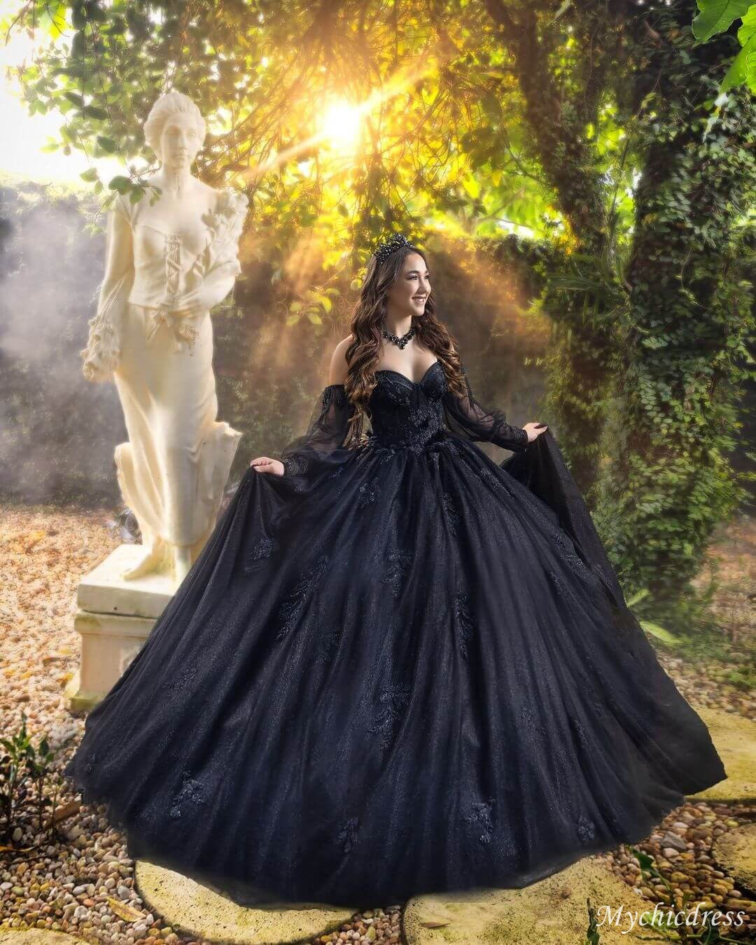 2025 Black Lace Sequin Sweet 15 Quinceanera Dress with Detachable Sleeves - Elegant Quince Celebration Gown for Birthday Party & Special Occasions
