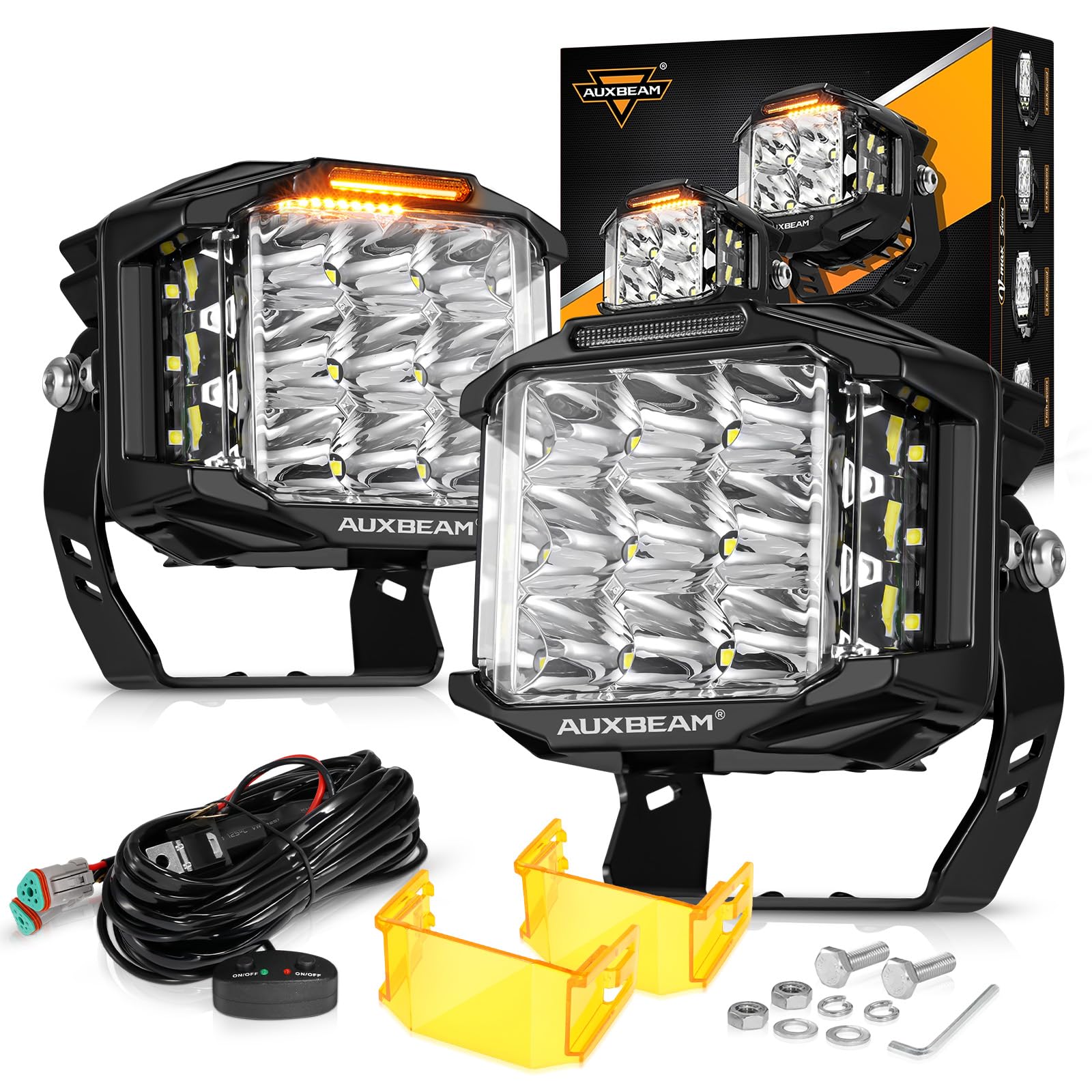 Auxbeam 5 Inch 168W LED Pod Lights - Super Bright Spot Flood Combo Offroad Driving Lights with Side Shooter & Amber DRL | V-MAX Series with Yellow Cover for Trucks, Jeeps, SUVs, ATVs | Perfect for Off-Roading, Night Driving & Work Lighting