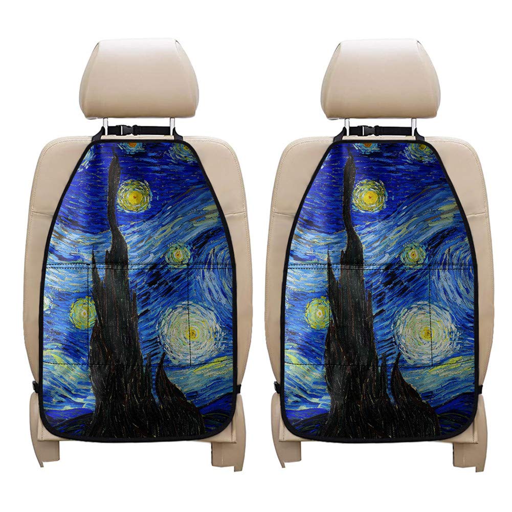 2-Pack Van Gogh Starry Night Car Seat Kick Mats - Waterproof Back Seat Protector with Phone Holder & Storage Pockets - Beach Travel Accessories for Kids & Pets - Perfect for Road Trips, Family Vacations and Daily Commutes