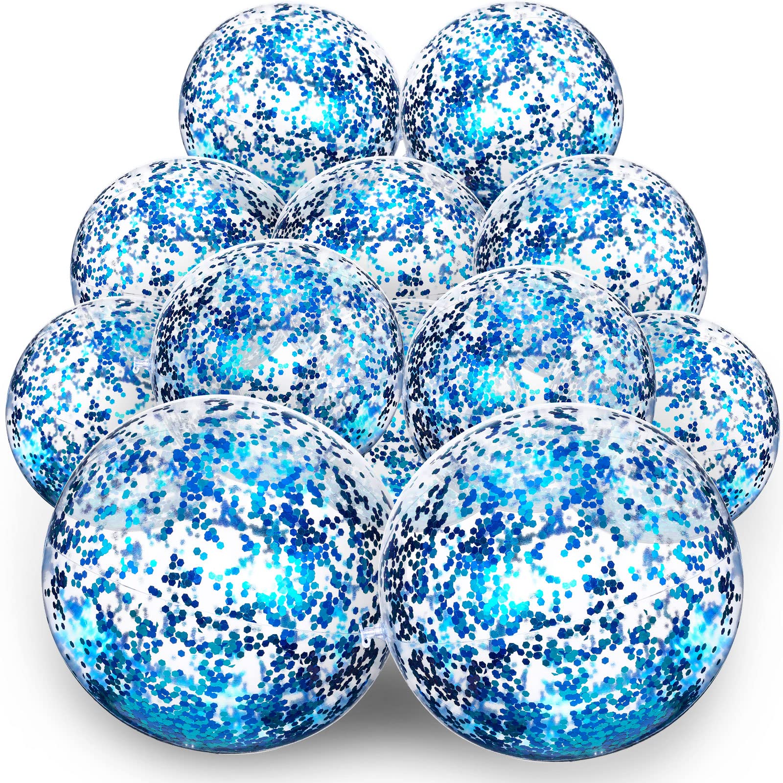 Lewtemi 12 Pcs Inflatable Glitter Beach Balls - 24 Inch & 16 Inch Clear Confetti Pool Balls, Jumbo Swimming Party Decorations for Summer, Outdoor Pool Parties, Birthday Favors, Kids Water Games (Blue)