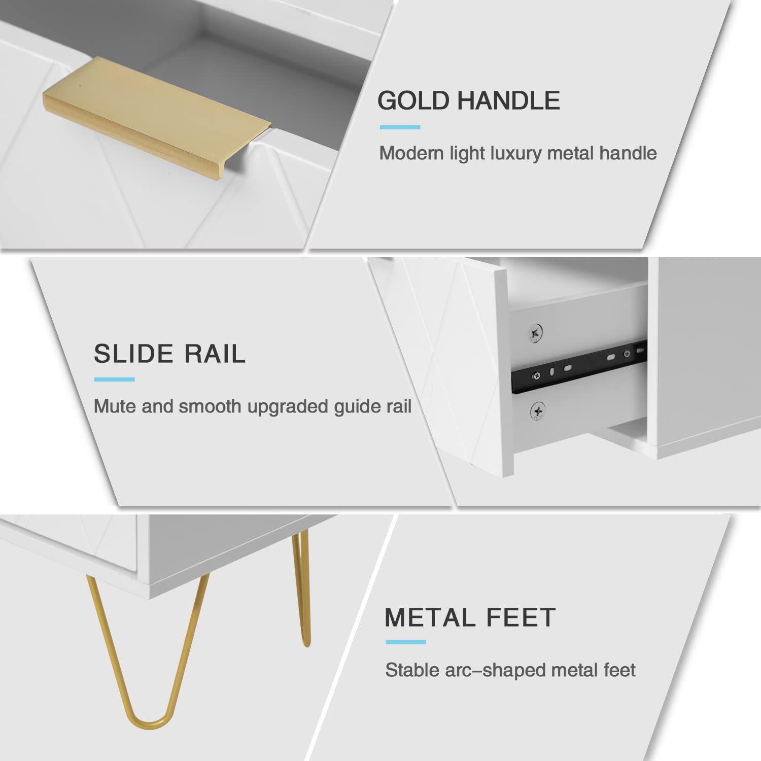 Anbuy White Nightstand Set of 2 - Modern End Tables with 2 Drawers & Gold Metal Legs for Bedroom, Living Room - Perfect for Storing Books, Lamps & Bedside Essentials