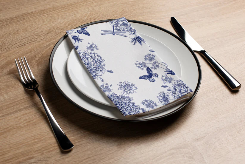 Premium Disposable Linen-Like Paper Guest Towels - 16 Pack | Dragonfly Toile Blue Design | Perfect for Bathrooms, Parties & Luxury Events